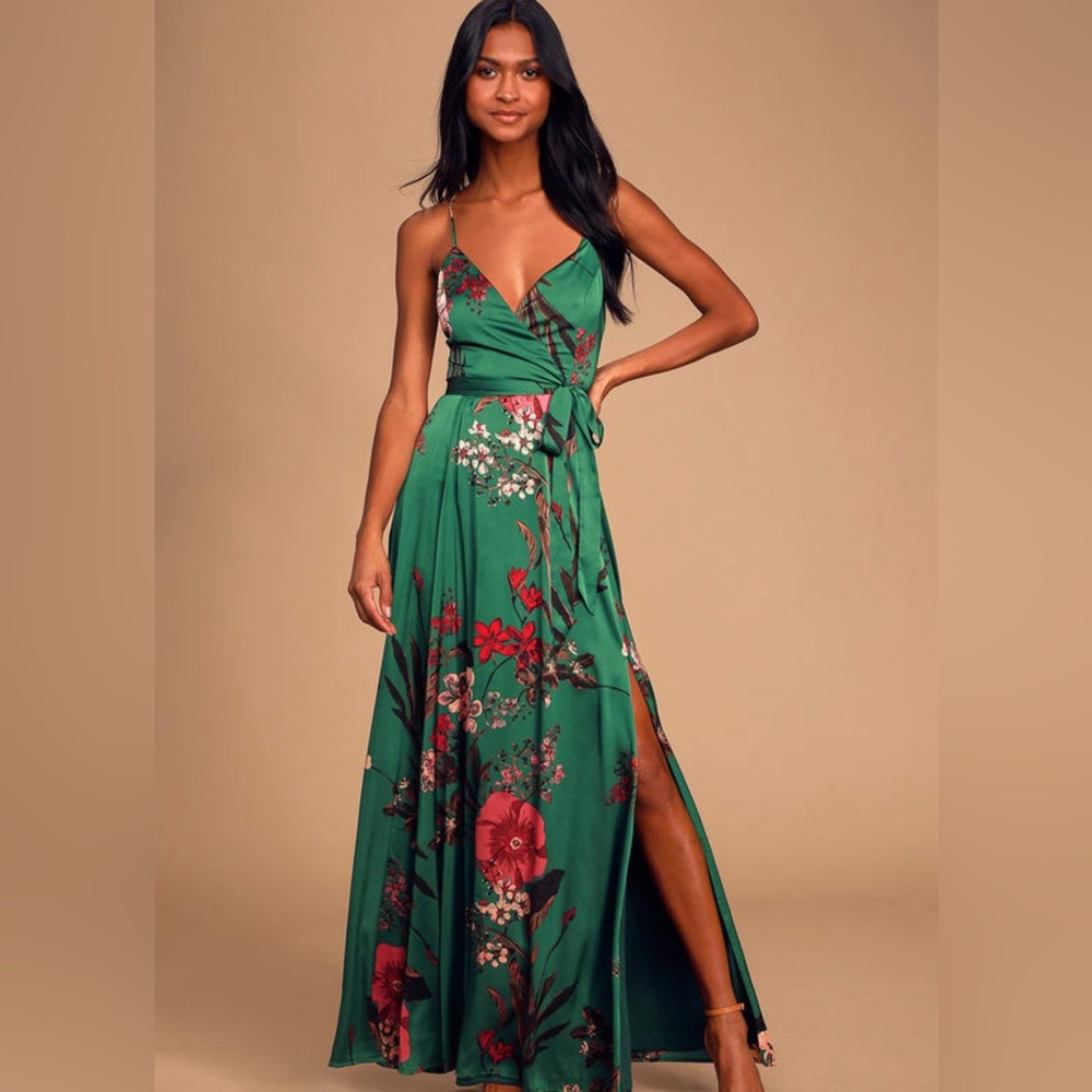 Still the One Emerald Green Floral Print Satin Maxi Dress